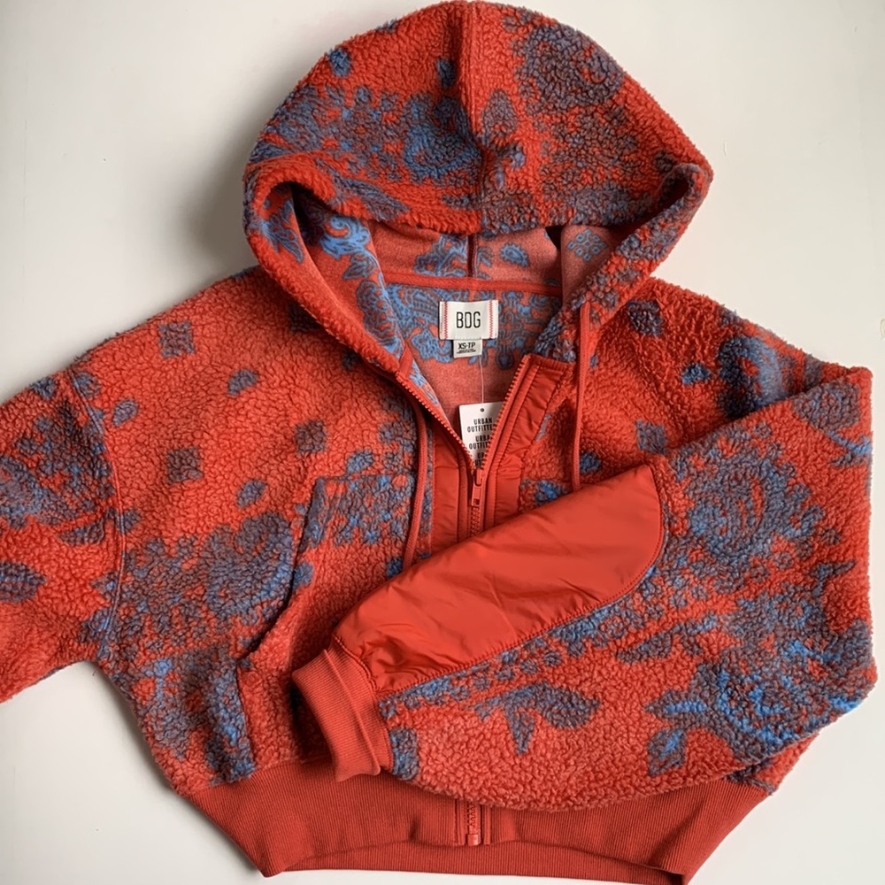 UO BDG Like New Sherpa Forest Zip Crop Hoodie Jacket XS - Picture 9 of 11